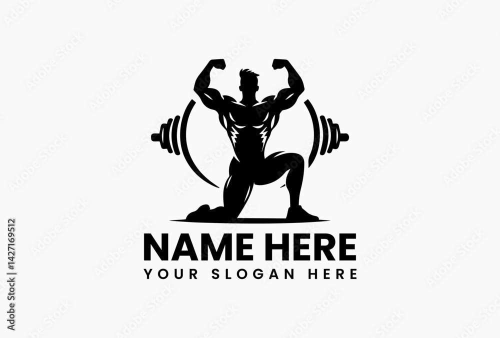 Naklejka premium Flat minimalist gym logo vector with abstract muscular male silhouette, isolated fitness symbol for clean and modern club branding