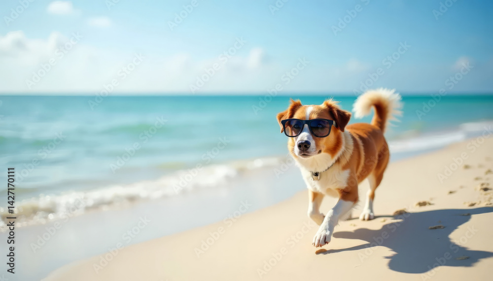 Dog wearing sunglasses running on sandy beach during sunny day. Summer fun and active pet lifestyle outdoors.