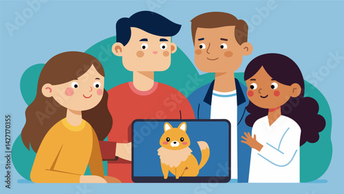 A family gathered around their tablet as they speak to the vet in a video call discussing their guinea pigs symptoms.. Vector illustration