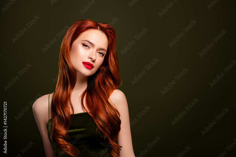 Naklejka premium Attractive rich femme fatale lady confident posing enjoying nightclub party event isolated on khaki color background