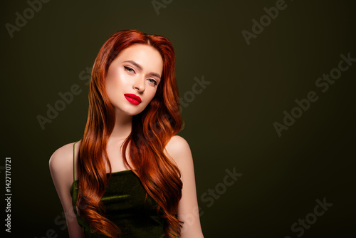 Attractive rich femme fatale lady confident posing enjoying nightclub party event isolated on khaki color background