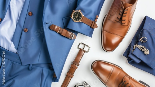 Stylish men's attire laid out on a white background. It includes a blue suit, brown shoes, a belt, watches, and a bracelet.