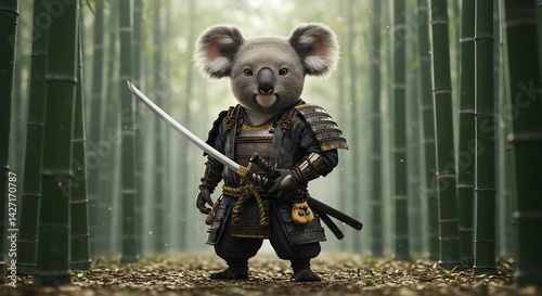 Cute Koala Samurai warrior in bamboo forest