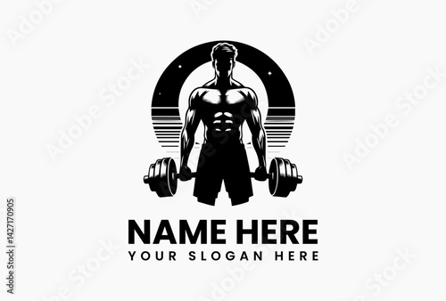 Male silhouette formed by negative space in dumbbell, clever minimalist gym emblem