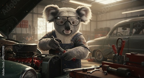 A koala bear wearing glasses as a mechanic fixing the car engine. This whimsical scene depicts the animal focused at work 