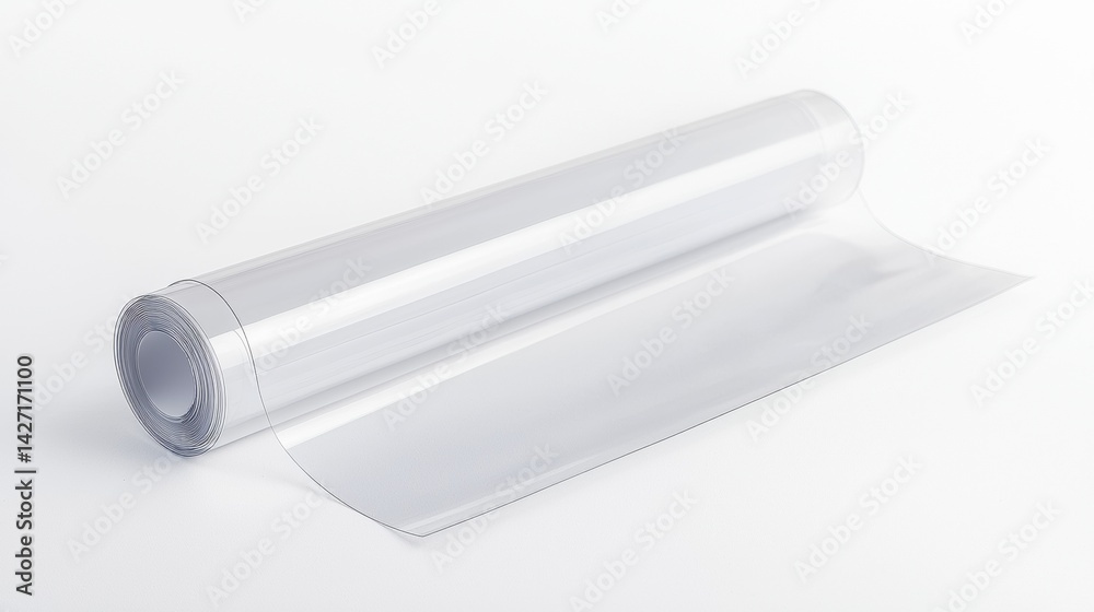 Clear plastic roll on white background for versatile crafting and packaging projects Clear plastic roll on white background for versatile crafting and packaging projects
