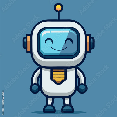Happy Robot Illustration: A cheerful, cartoon robot with a tie smiles warmly.  The robot has a square head, blue screen, and orange ear-like protrusions.