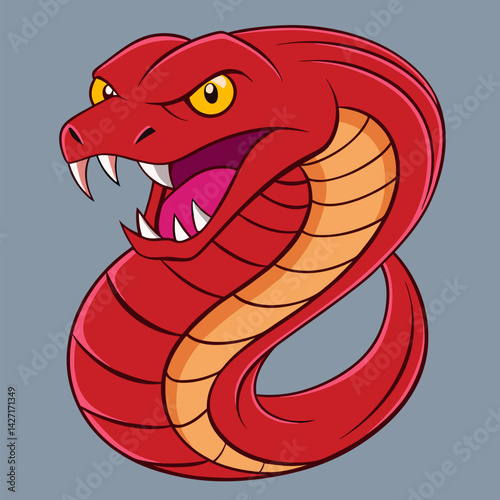 Red Cobra Illustration: A striking illustration of a fierce red cobra, its hood flared in a defensive posture, showcasing intricate detail and vibrant colors in a dynamic and symbolic composition.