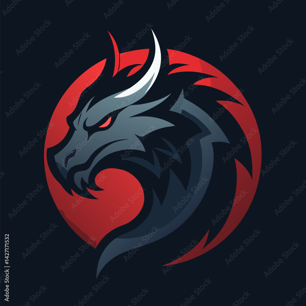 Naklejka premium Mythic Dragon Icon: A fierce dragon profile against a dynamic red circle. The dragon's gaze captures a sense of power and intrigue. Perfect for gaming, fantasy projects.
