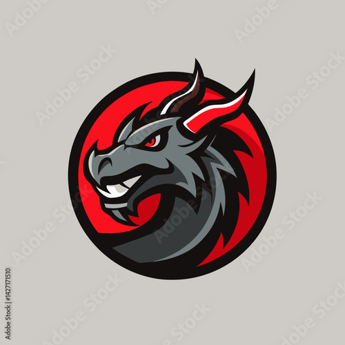 Wallpaper Mural Dragon Head Mascot Logo: A fierce and powerful dragon head logo in a vibrant red circle, capturing the essence of might and determination, ideal for branding, gaming, and sports teams. Torontodigital.ca