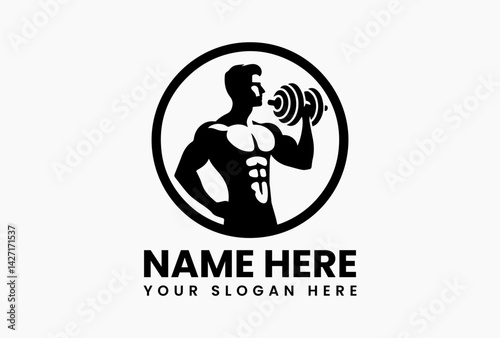 Male silhouette formed by negative space in dumbbell, clever minimalist gym emblem