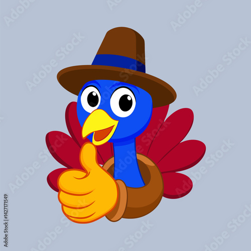 Thanksgiving Turkey's Thumbs-Up: A charming cartoon turkey in a pilgrim hat gives a thumbs-up. Perfect for celebrating Thanksgiving.