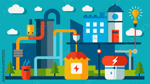 The installation of utilities such as plumbing and electricity to make the building functional.. Vector illustration