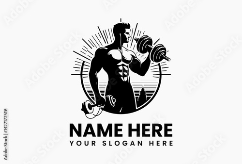 Angular male torso built from geometric shapes, modern abstract logo for tech-forward gyms