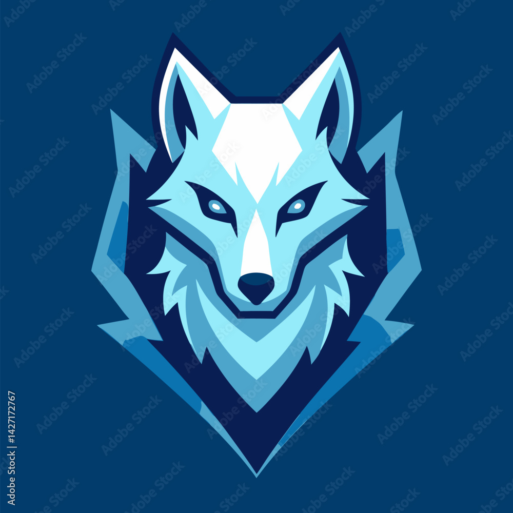 Fototapeta premium Arctic Wolf Mascot Logo: A stylized arctic wolf head, rendered in shades of blue and white, is presented as a powerful and captivating mascot logo, perfect for a team or brand seeking an icy emblem.