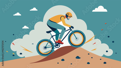 Riding through a cloud of dirt and debris a downhill biker leans into a sharp turn while catching air off a small ramp.. Vector illustration