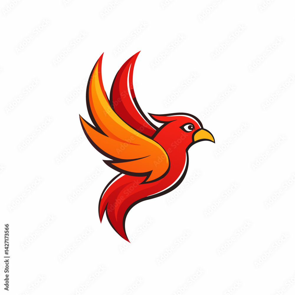 Fototapeta premium Fiery Flight: A stylized illustration of a vibrant red and orange bird in mid-flight, wings outstretched, symbolizing freedom, speed, and energy. 