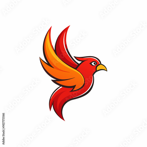 Fiery Flight: A stylized illustration of a vibrant red and orange bird in mid-flight, wings outstretched, symbolizing freedom, speed, and energy. 