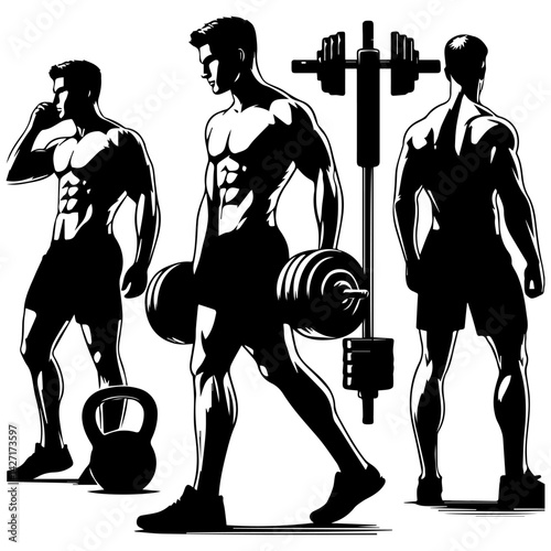 Abstract male silhouette mid-barbell lift, negative space motion lines for energetic gym branding  