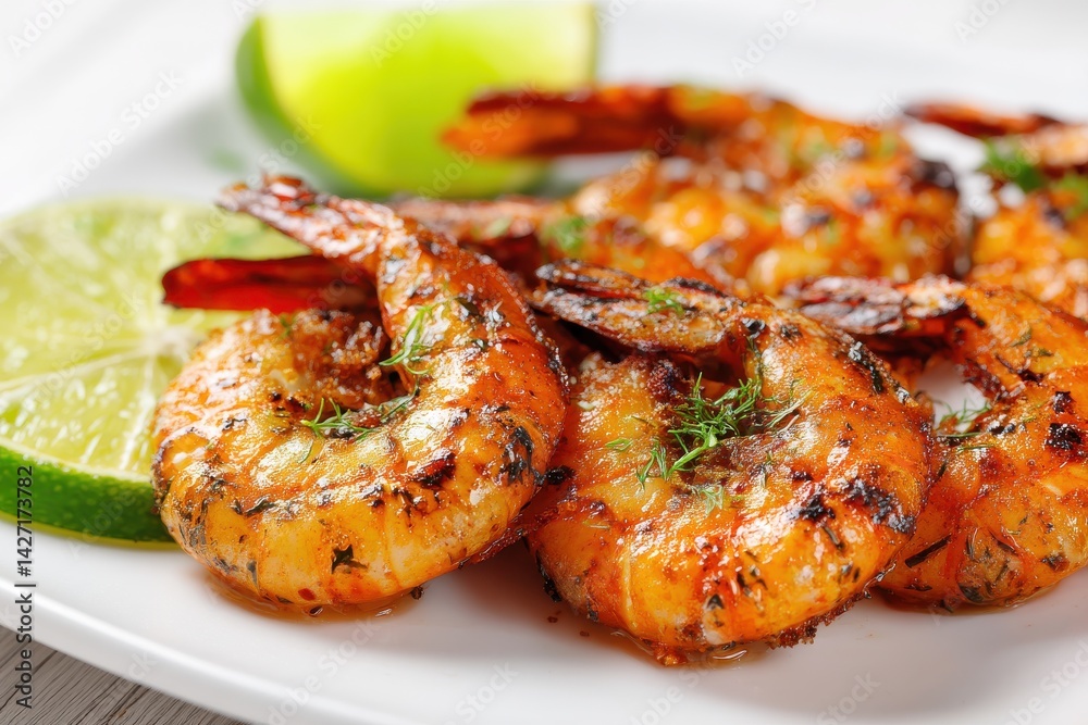 Delicious grilled shrimp seasoned with herbs and served with lime wedges. A close-up shot highlighting the juicy texture and vibrant colors. Delicious grilled shrimp seasoned with herbs and served with lime wedges. A close-up shot highlighting the juicy texture and vibrant colors.