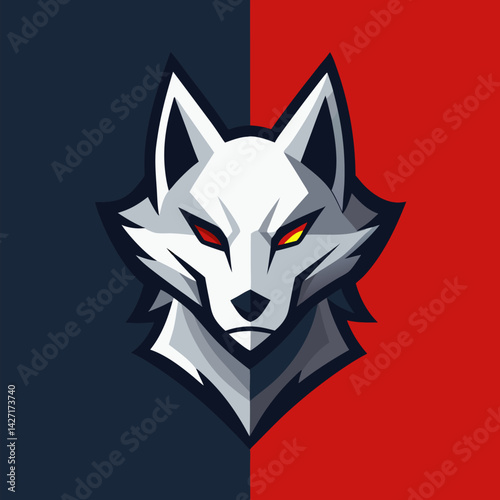 Wolf Head Emblem: A striking digital artwork showcasing the stylized head of a majestic wolf, embodying strength and resolve, set against a dynamic divided background of deep blue and vibrant red.