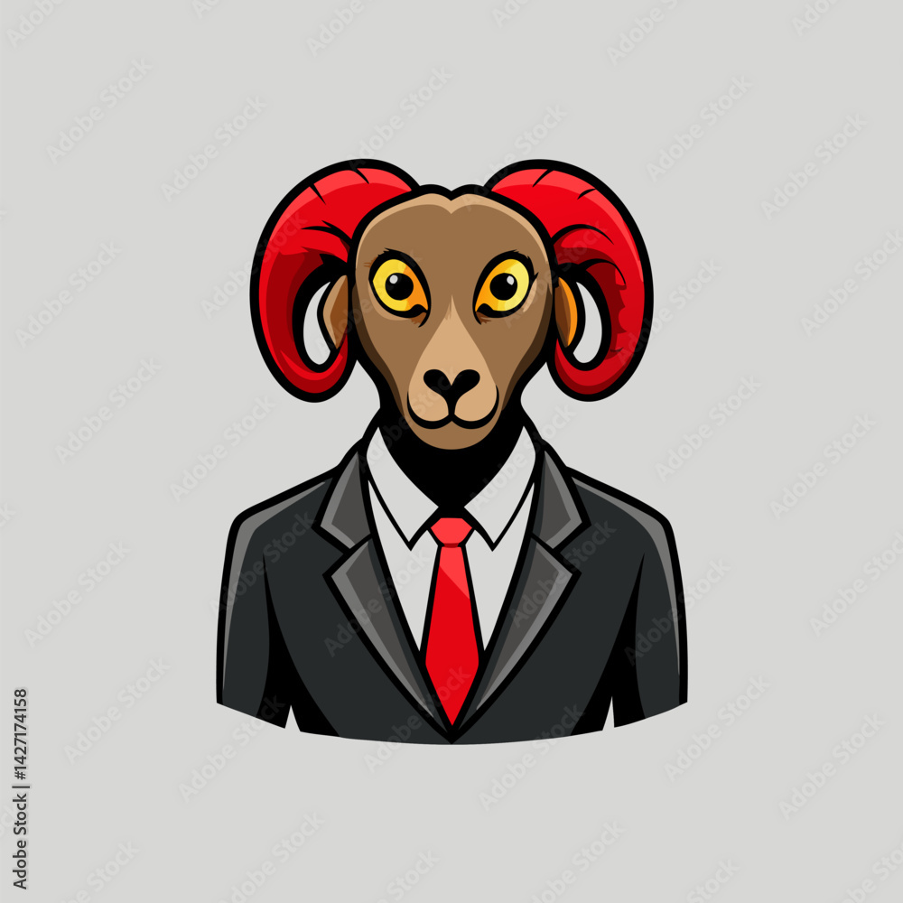 Fototapeta premium Suited Ram: A stylized illustration of a ram, dressed in a suit and tie, standing ready in a business context. 