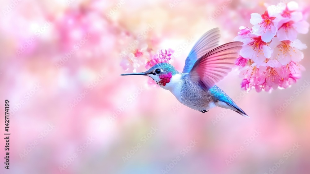 Naklejka premium Hummingbird in flight amidst delicate pink blossoms