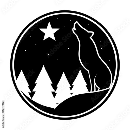 Mystical Howl Under the Stars: A majestic wolf silhouette howls at a single shining star, a graphic monochrome scene set against a starry night sky. The image whispers of wilderness, solitude.