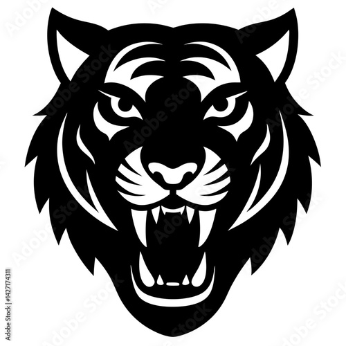Tiger's Gaze: A bold, monochrome representation of a tiger's ferocious face, capturing its intense stare and powerful presence in striking silhouette.