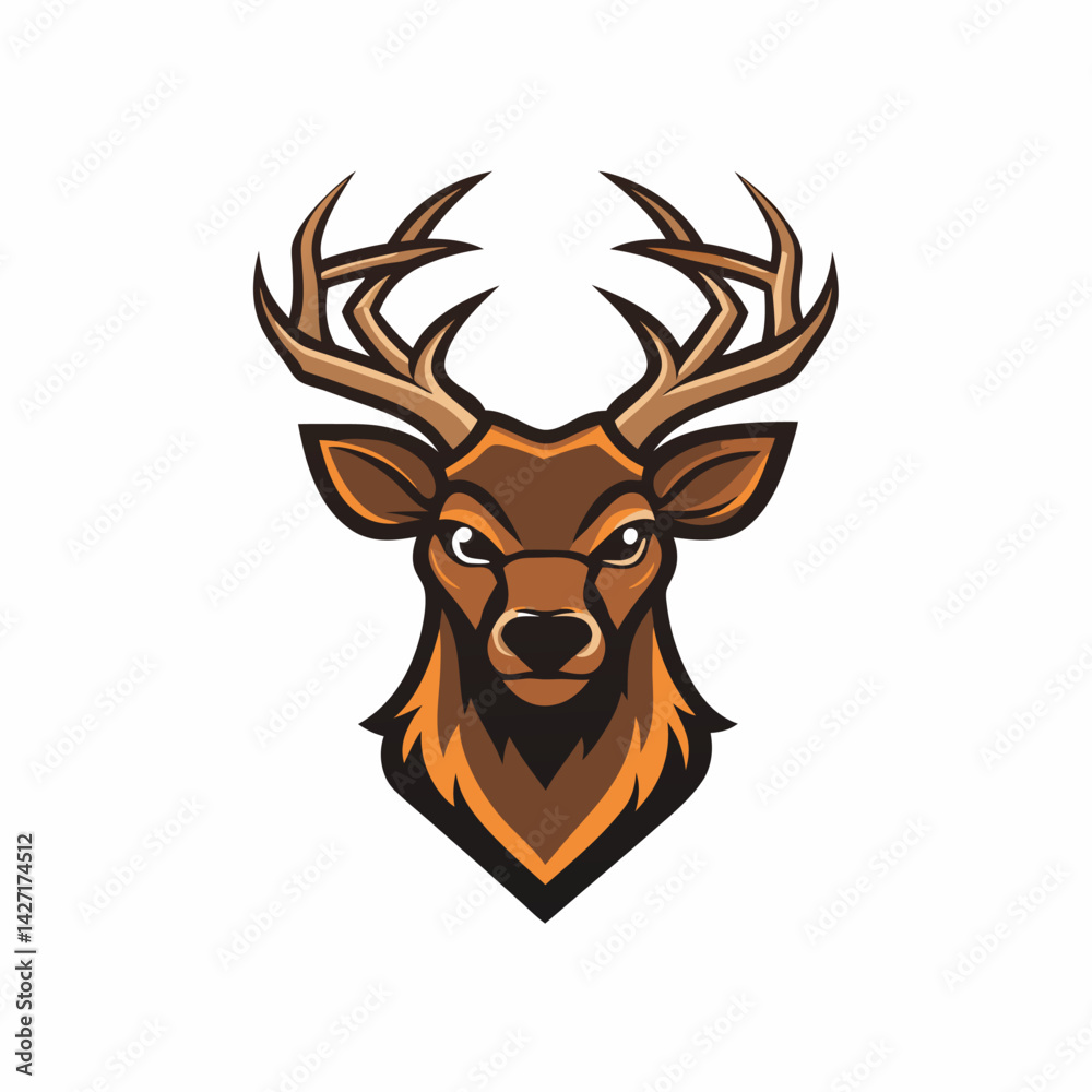 Naklejka premium Majestic Deer Logo: A stylized and striking illustration of a deer head with prominent antlers, exuding strength and grace. The design showcases a modern aesthetic.