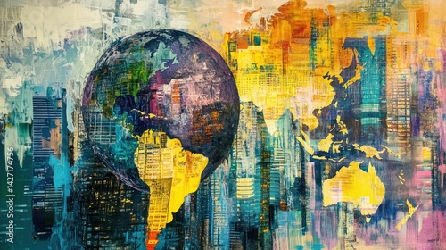 An abstract painting showing the world amidst urban cityscapes of the world