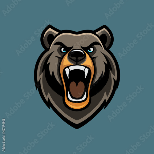 Roaring Bear Head Emblem: A stylized illustration of a ferocious bear head, its mouth open in a roar, capturing a powerful symbol of strength and wilderness.