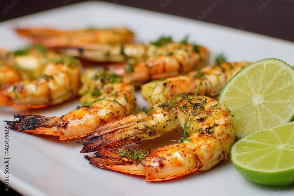 Grilled shrimp seasoned with herbs and served with lime wedges. A delicious seafood dish, perfect for a summer meal. Grilled shrimp seasoned with herbs and served with lime wedges. A delicious seafood dish, perfect for a summer meal.