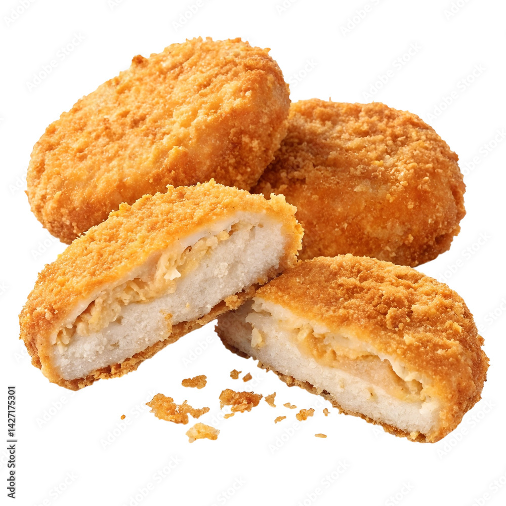 Golden brown breaded fish patties with a crispy coating and realistic fried texture, isolated on a transparent background. Golden brown breaded fish patties with a crispy coating and realistic fried texture, isolated on a transparent background.