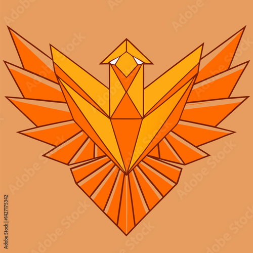 Phoenix Illustration in Geometric Style: A stylized geometric illustration of a phoenix bird, showcasing a dynamic array of orange and gold hues, set against a clean backdrop. 