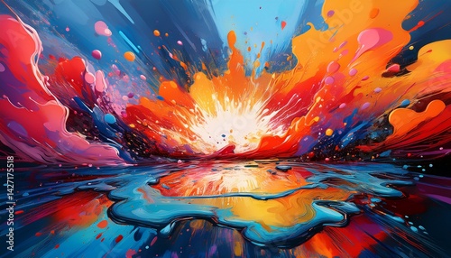 a bold pop art illustration of a high energy splash in a puddle featuring vibrant colors dynamic motion and explosive ink details