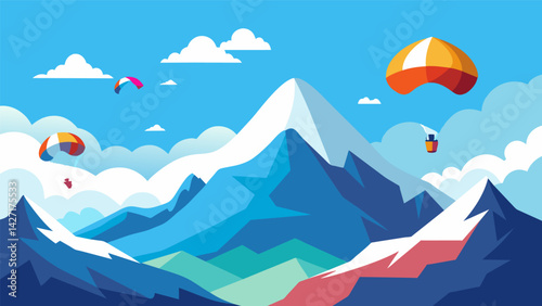 Fluffy clouds drifting lazily below as paragliders glide a the snowcapped peaks their colorful parachutes a stark contrast against the stunning. Vector illustration