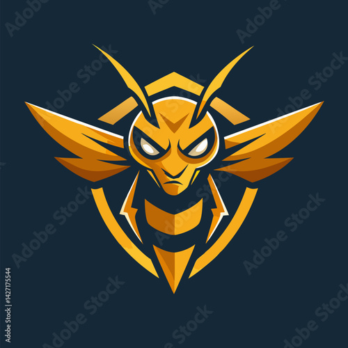 Golden Wasp Mascot Logo: A fierce golden wasp mascot logo design, perfect for a sports team or gaming brand. This vector graphic features a stylized wasp with sharp lines and bold colors.