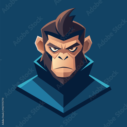 Ape Portrait Illustration: A striking, stylized illustration presents a strong, determined ape with a commanding presence, a dark blue background enhances the dynamic composition.