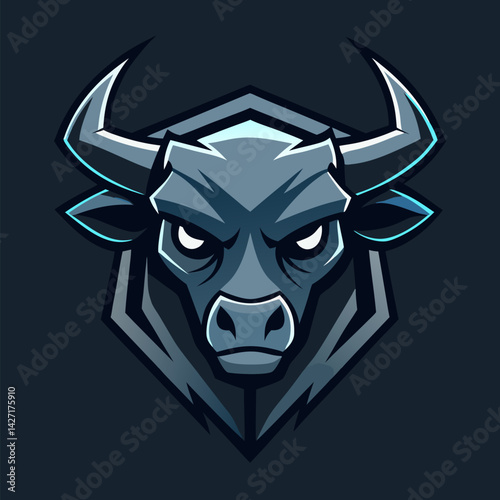 Steely Gaze: A powerful bull's head, portrayed with sharp geometric lines and intense emotion, symbolizing strength and resilience against a dark background.