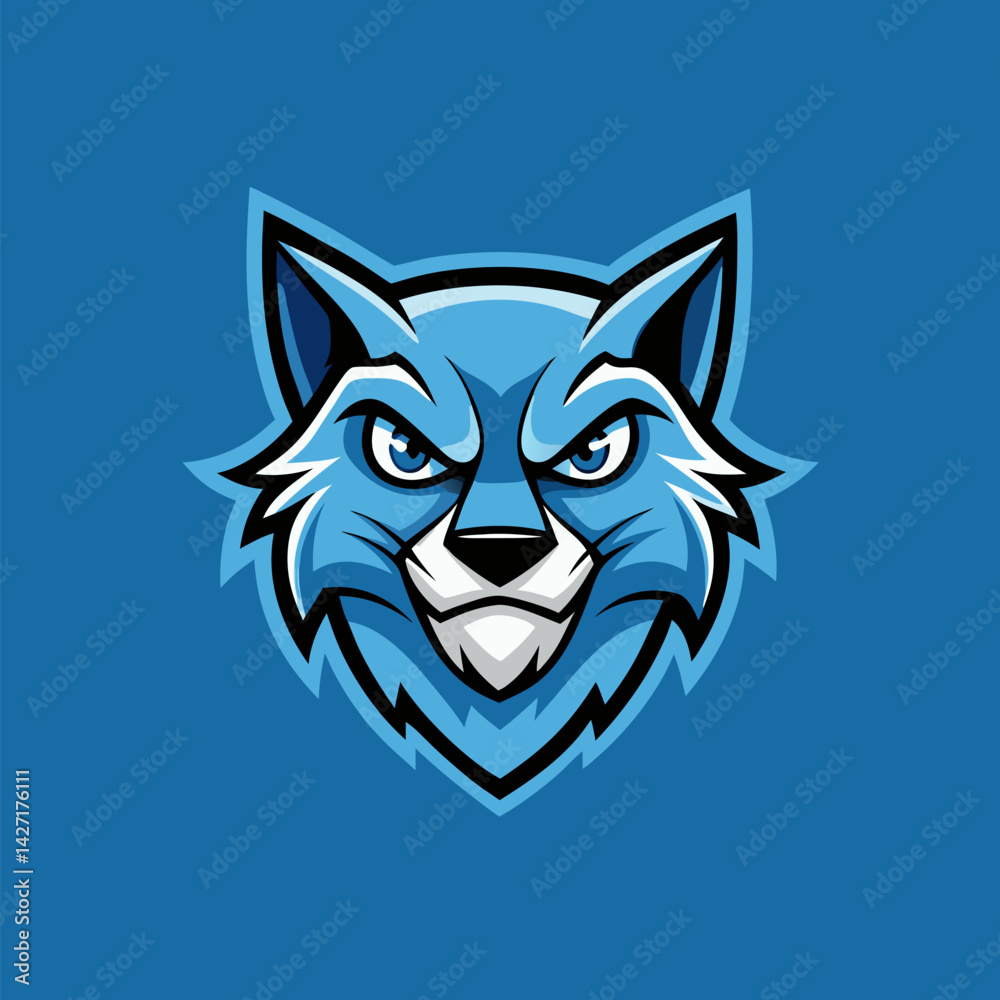 Fototapeta premium Fierce Blue Wolf Mascot: A captivating blue wolf mascot with an intense gaze and a determined expression against a clear backdrop. Showcasing confidence and a bold spirit.