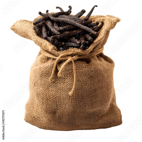 Vanilla beans in burlap sack fragrant spice harvest