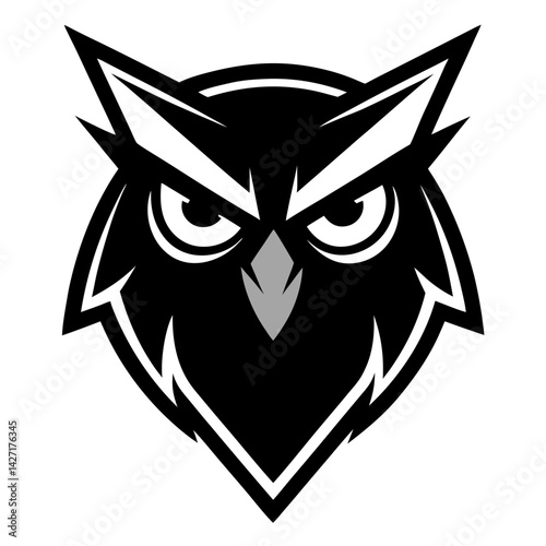 Wise Owl Silhouette: A striking and minimalist silhouette of an owl, rendered in bold black and white, it's sharp angular lines and intense stare exudes wisdom and a sense of mystery.