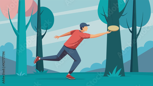 Like a skilled archer the disc golfer launches their disc with pinpoint accuracy clearing a narrow gap between two towering tree trunks.. Vector illustration