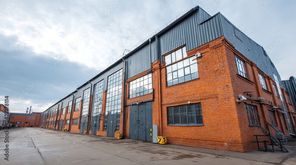 Exterior of large heavyduty factory building Industrial facility design in the manufacturing industry Exterior of large heavyduty factory building Industrial facility design in the manufacturing industry