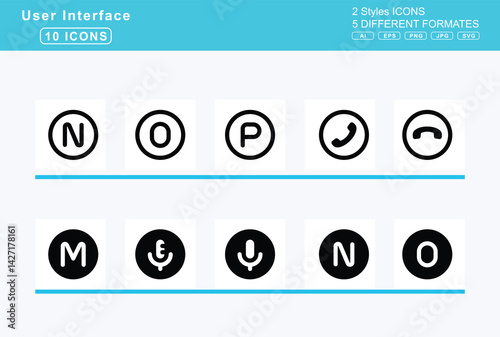 Set of 5 solid user interface icons,circle, i, j, k, l, m