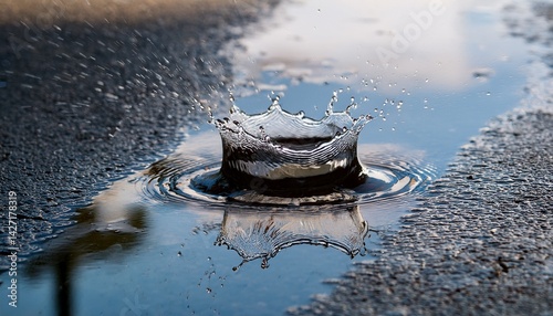 a water droplet splashes into a puddle on rough asphalt creating a dynamic crown like shape with clear reflections