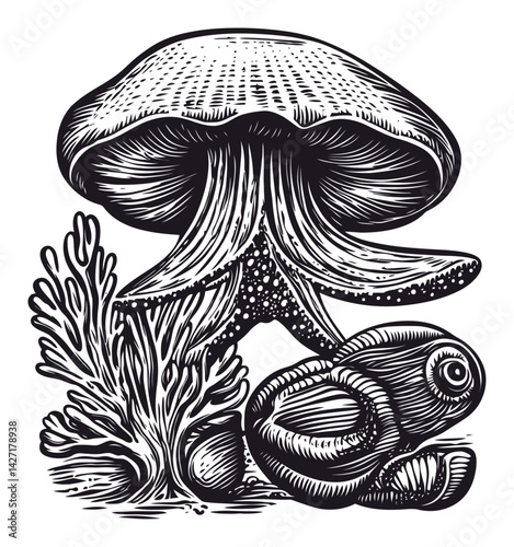 Hand-Drawn Illustration of Mushroom and Coral for Artistic Use