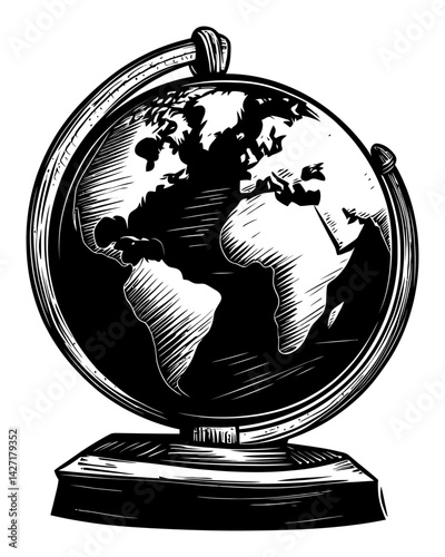 Vintage Engraving Style Globe Illustration on White Background