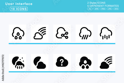 Set of 5 solid user interface icons,cloud, exclamation, hail, mixed, meatball, moon